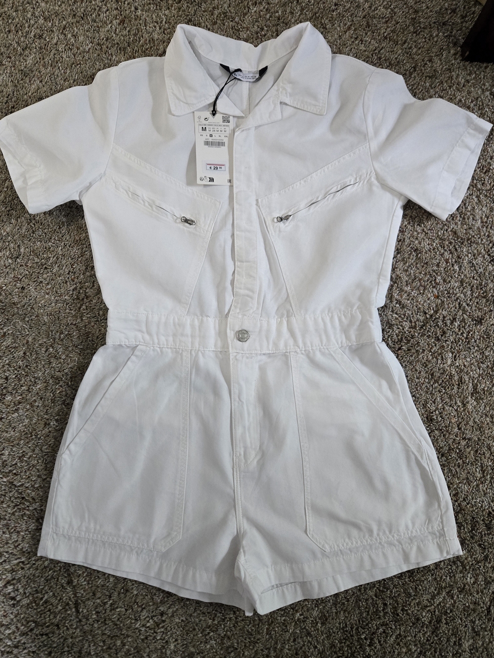 Zara Nwt White Denim Short Romper with Zip Pockets,Medium,100% Cotton